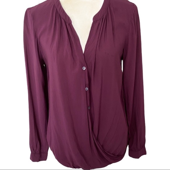 VELVET Brand Maroon Flowy High-Low Button Front Faux Wrap Long Sleeve Blouse S - Picture 10 of 10
